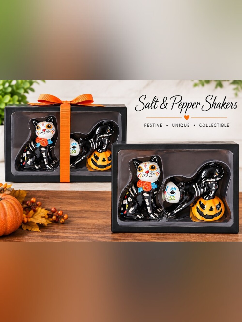 Halloween Day of the Dead Cat Salt & Pepper Shakers NWT Gift Box